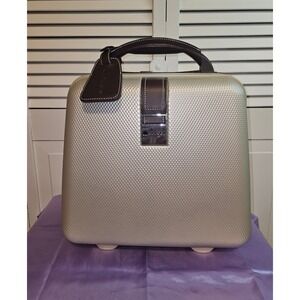 Delsey Vintage Gold Hard Shell Vanity Train Case Travel Bag Brown Trim